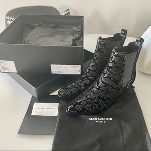 SAINT LAURENT Rock Leopard-Print Velvet Chelsea Boot Black/Silver (Nero/Argento)